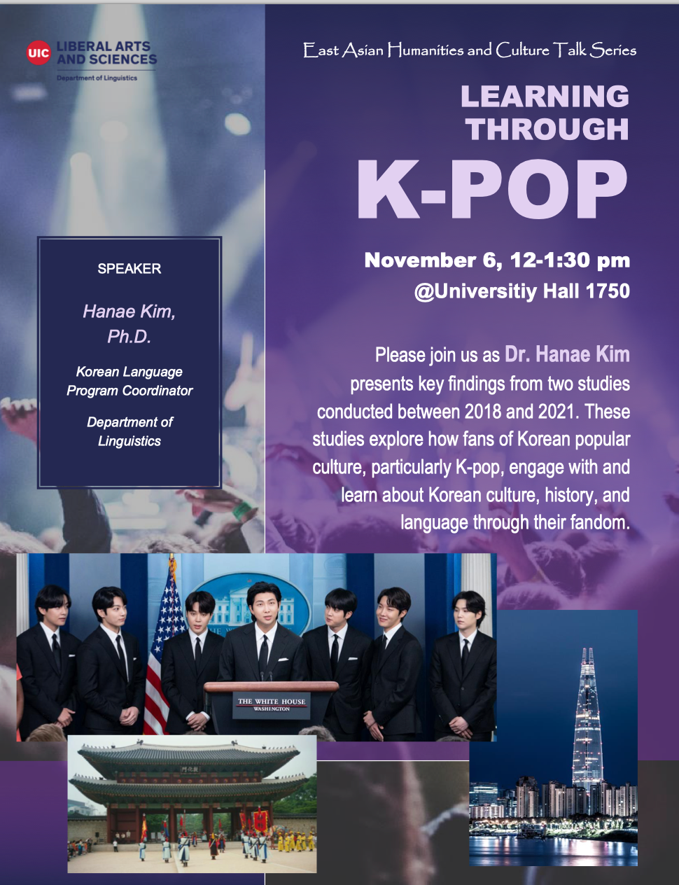 Purple flyer. BTS in bottom corner and pictures of Korea and Seoul.